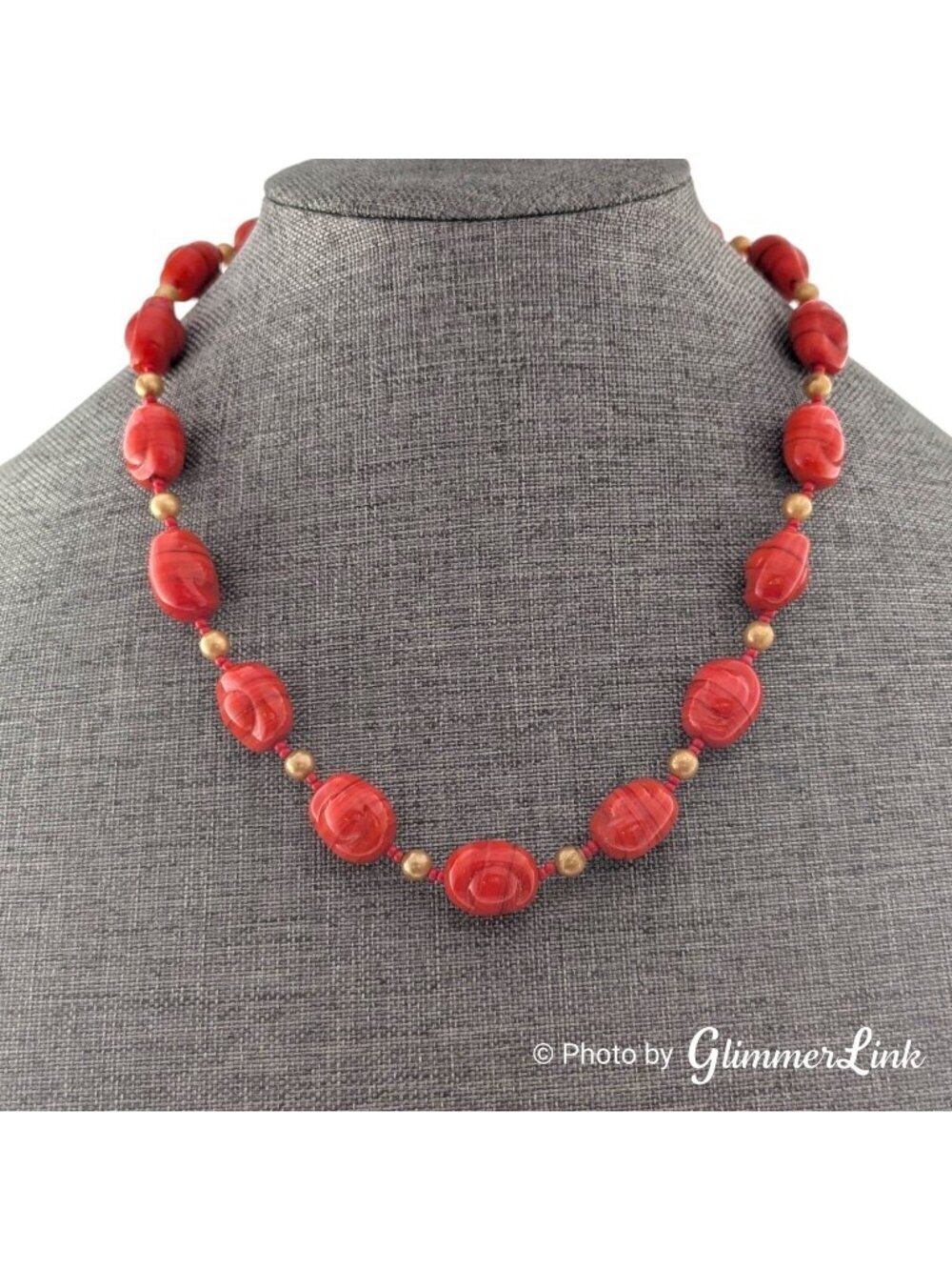 Vintage Red Orange Striped Irregular Glass Bead Gold Tone Necklace